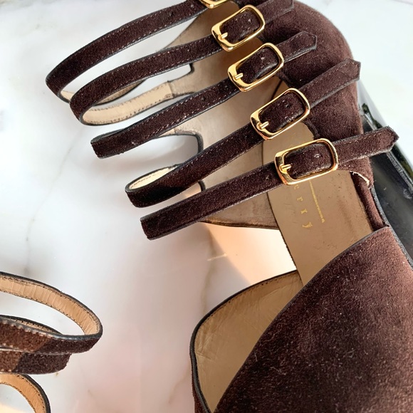 MICHEL PERRY PARIS SUEDE MULTI BUCKLE BLACK PATENT LEATHER PLATFORM HEELS 1990s. - Picture 2 of 7